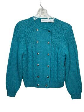 Vtg Robert Scott Teal Pure Wool Cable Knit Cardigan Sweater Silver Buttons Sz S